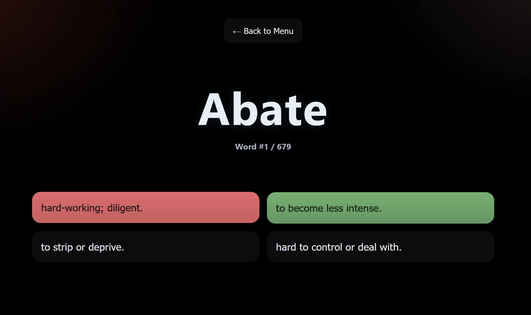 Flash Cards screen: a vocabulary word with four multiple-choice definition options laid out in a grid.