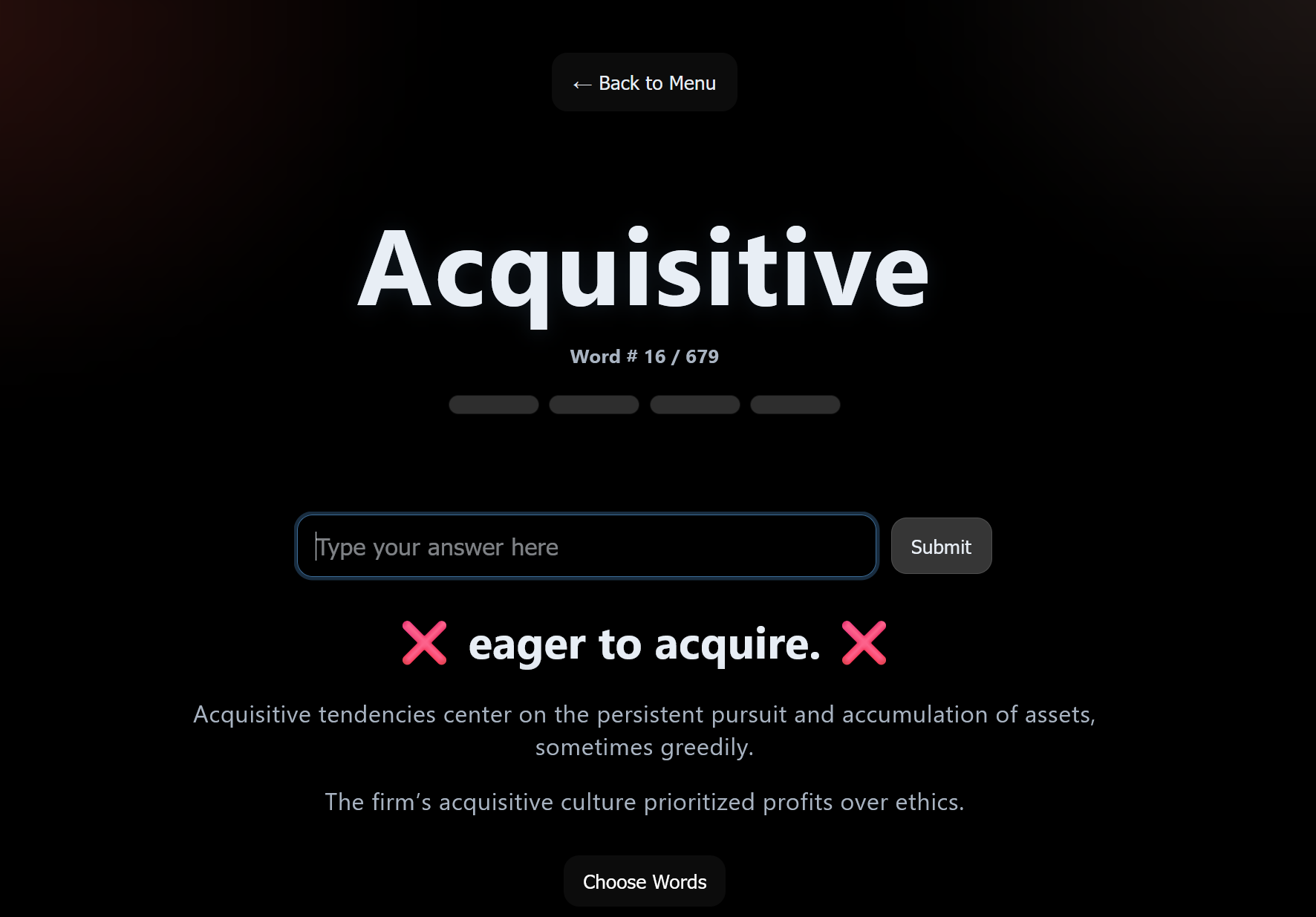 Normal Mode screen: a vocabulary word above a typed-answer input, with a mastery tracker showing progress toward four correct answers.