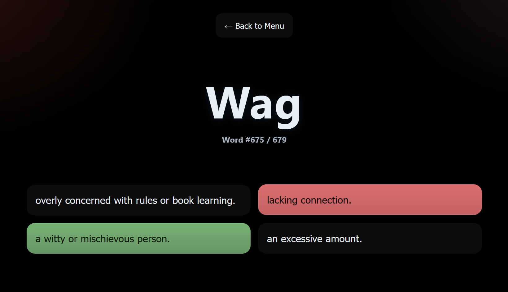 Random Flash screen: a randomly selected vocabulary word with four multiple-choice options to identify the correct definition.